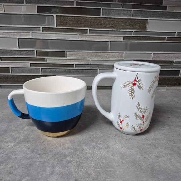 Davids Tea Mugs Blue Stripe and White with Gold Boughs and Red Berries and Lid - Picture 3 of 11